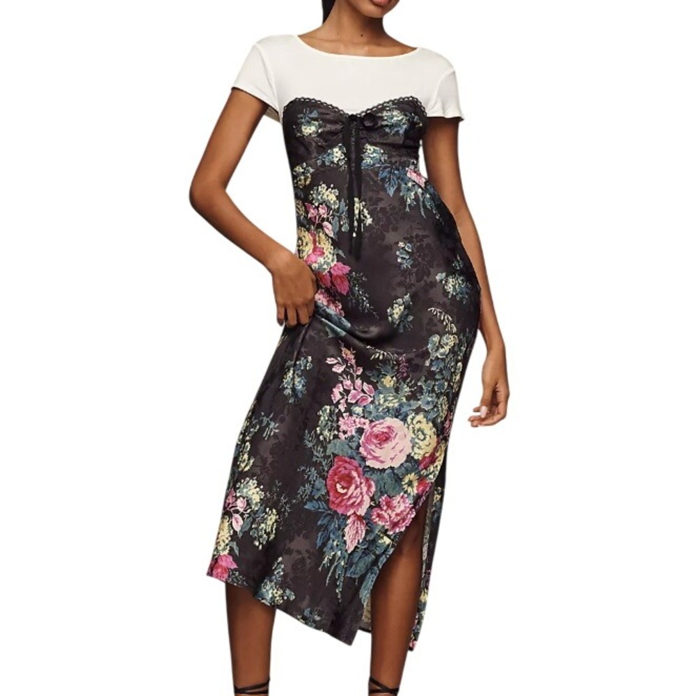 ANTHROPOLOGIE NWT Women's XXS Black Floral Satin Layered Twofer Midi Slip Dress